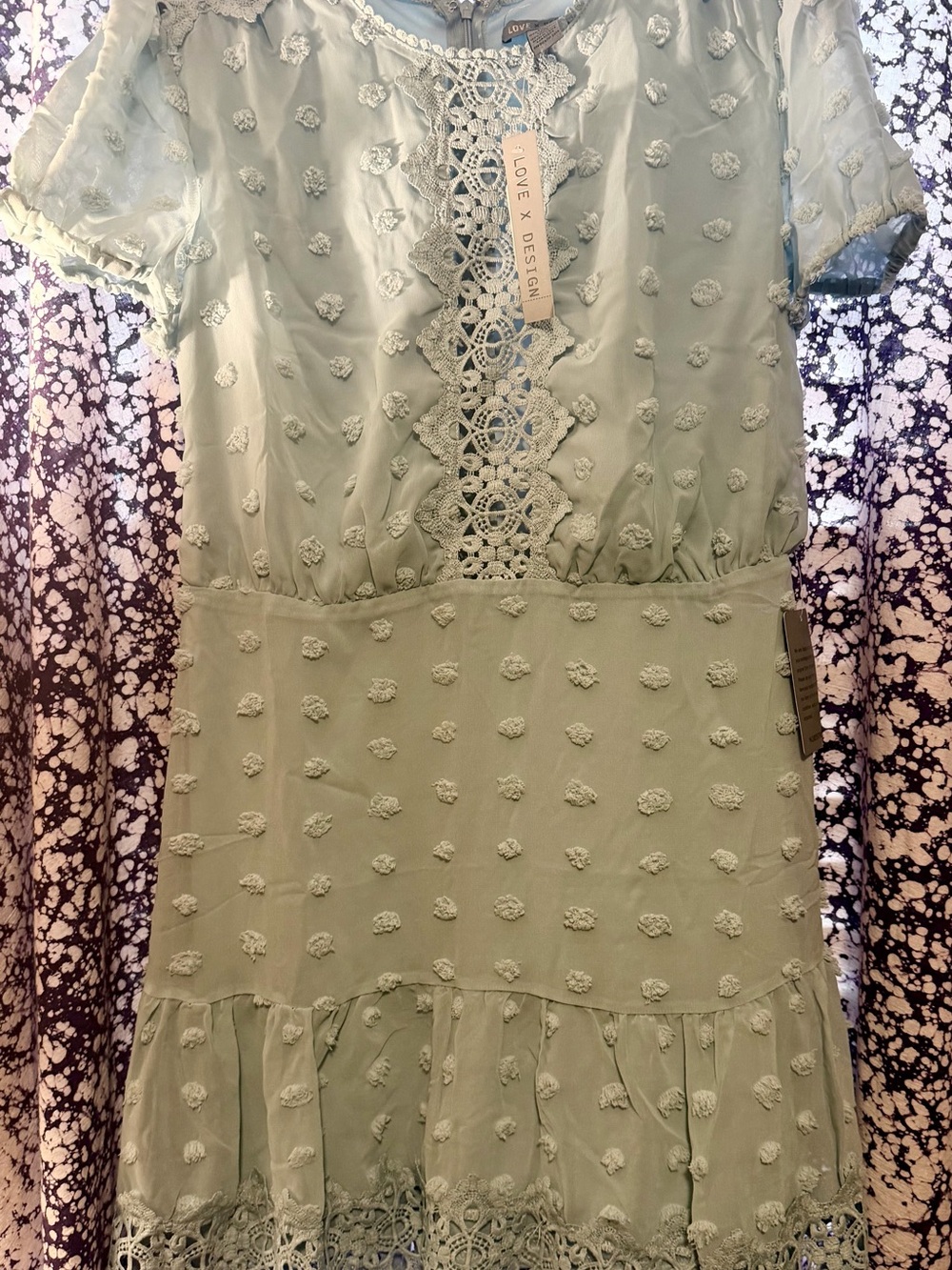 Love By Design Sage Green Textured Mini Dress with Lace Trim